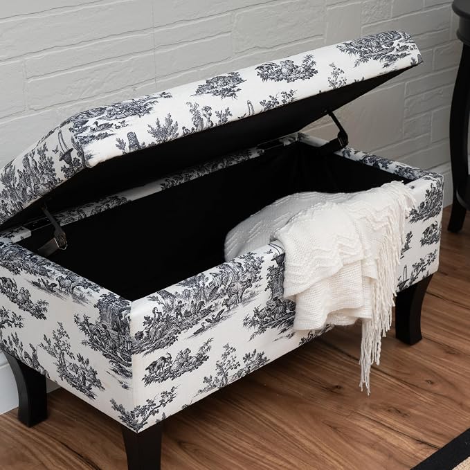 Linon Stephanie Black and White Toile Fully Upholstered Bench with Hidden Interior Storage