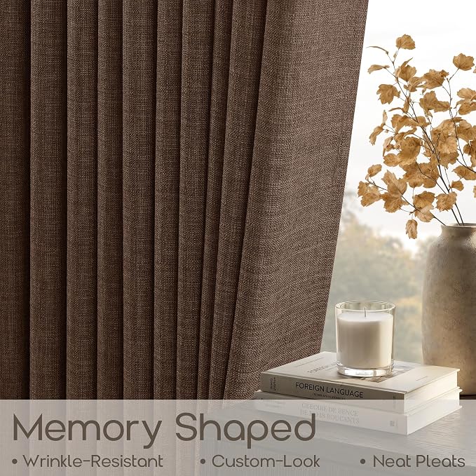 Dark Brown Linen Curtains 96 Inches Long Pinch Pleated Chocolate Brown Vintage Memory Shaped Privacy Drapes with Back Tab Rings Retro Curtains for Living Room Bedroom 96 Inch Length 2 Panels