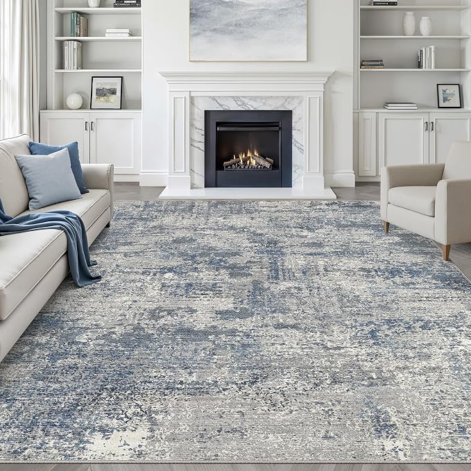 9x12 Area Rug Living Room: Washable Large Neutral Rug Abstract Soft Modern Stain Resistant Indoor Floor Non-Slip Carpet for Bedroom Nursery Kids Office Playroom Dining Room Under Table- Blue Gray