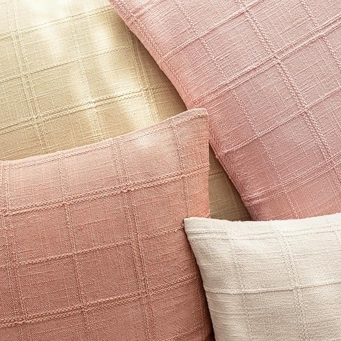 Foindtower Set of 2 Decorative Linen Check Throw Pillow Covers Neutral Farmhouse Vintage Cushion Covers Modern Boho Accent Home Decor for Sofa Chair Couch Bedroom Living Room,22×22 Inch,Coral Pink