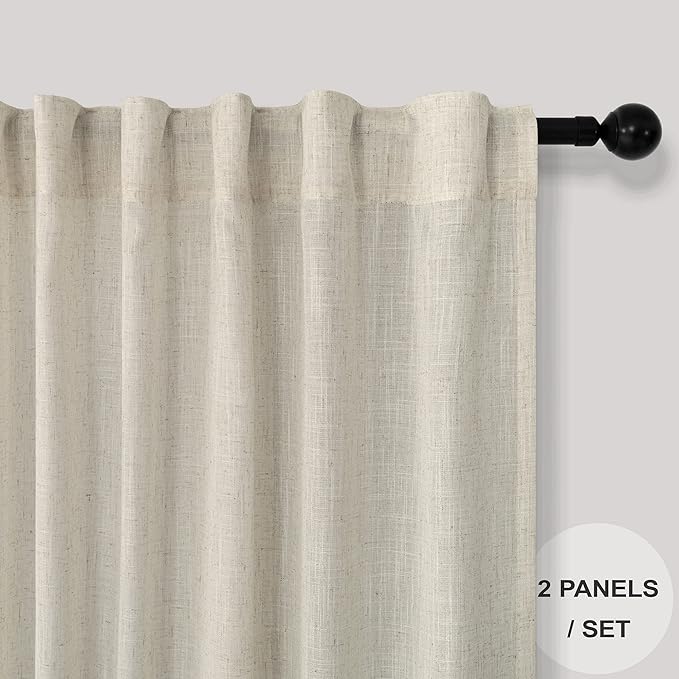 Pitalk Flax Linen Sheer Curtains 68 Inch Length 2 Panel Set for Living Room Back Tab Pocket Pleated Farmhouse Coastal Decor Cotton Textured Gauze Curtain for Dining Room Home Office French Door Beige