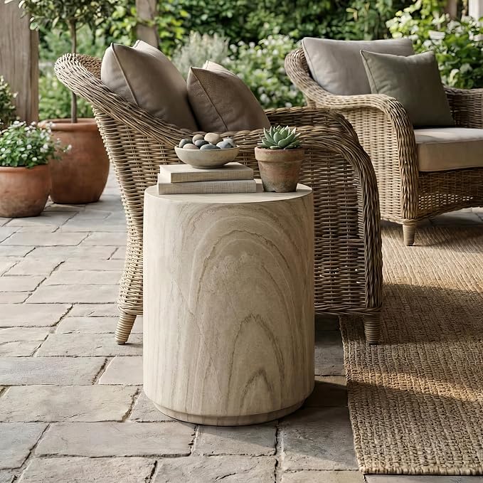 24/7 Shop at Home Ranera Modern 14-inch Natural Stone Side Table with Round Drum Base, Marble Nightstand, Patio End Table, for Living Room, Covered Outdoor Spaces, Balcony, Beige Travertine