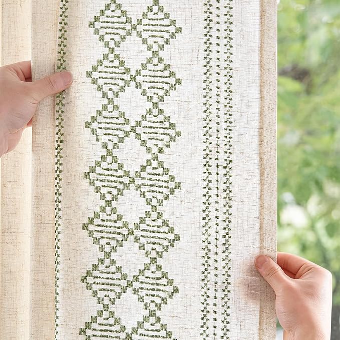 jinchan Boho Curtains Linen Blend Beige Farmhouse Curtains 96 Inches Long for Living Room Sage Green Square Embroidered Bordered Back Tab Bedroom Window Light Filtering Bohemian Drapes 2 Panels