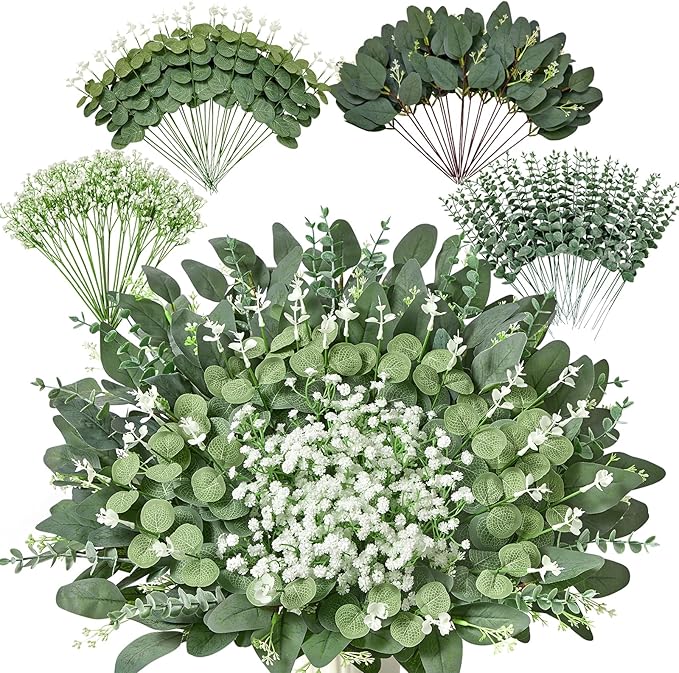 110 PCS 4 Kinds Mixed Artificial Greenery Stems,Baby Breath Flowers Artificial Bulk with Fake Eucalyptus Stems for Wedding Vase Bouquet Home Floral Decor
