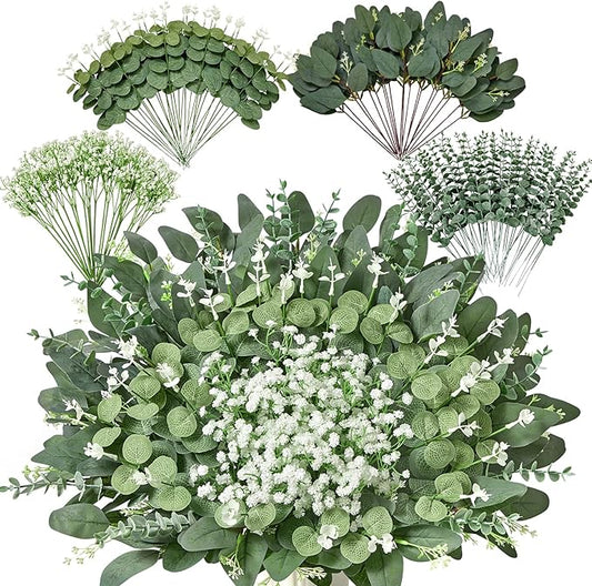 110 PCS 4 Kinds Mixed Artificial Greenery Stems,Baby Breath Flowers Artificial Bulk with Fake Eucalyptus Stems for Wedding Vase Bouquet Home Floral Decor