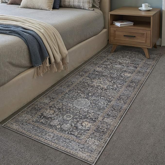 HUGEAR Hallway Runner Rugs 2x6 Blue Washable Rug Neutral Vintage Rug Carpet Distressed Soft Durable Non Slip No Shedding for Indoor Bedroom Kitchen Dining Nursery Laundry