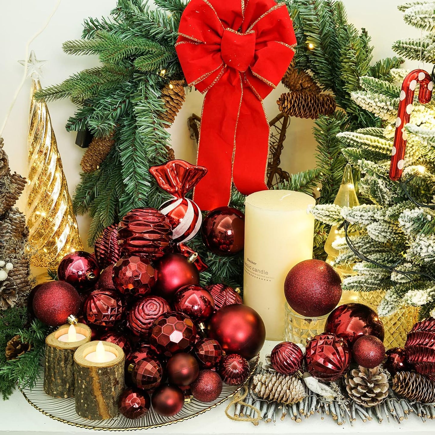 XmasExp 24ct Mini Christmas Ball Ornaments Shatterproof Christmas Ornaments Set Decorations for Xmas Tree Balls 30mm/1.18" (Burgundy)