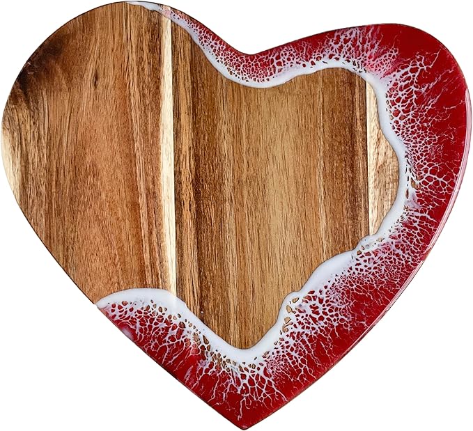 Heart Serving Board - Acacia Wood with Epoxy (11.8" x 10.6"), Adorable Charcuterie Cheese Tray, Kitchen Gift Idea, Cute Cutting Board for Women, Valentine Gift, Housewarming Present
