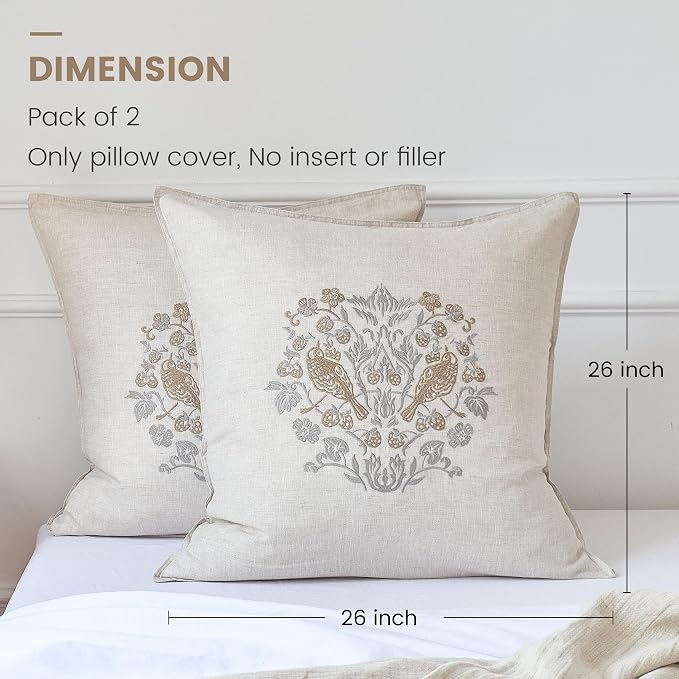 Simple&Opulence 100% Linen Euro Shams 26'' x 26'' Pack of 2, Embroidery Rosefinch Design Natural Flax Farmhouse Decorative Square Throw Pillow Covers for Bed Couch Sofa - Linen
