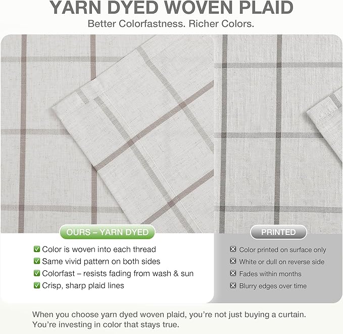 Vision Home Tan Plaid Linen Pinch Pleated Semi Sheer Curtains 60" Wx84 Lx2 | Checkered Light Filtering, Back Tab,with Ring Hooks, 2 Panels, Living Room Bedroom, Rustic Pleat Drapes