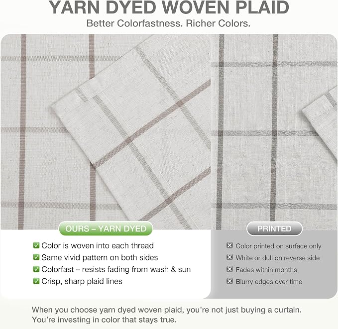 Vision Home Tan Plaid Linen Pinch Pleated Semi Sheer Curtains 60" Wx108 Lx2 | Checkered Light Filtering, Back Tab,with Ring Hooks, 2 Panels, Living Room Bedroom, Rustic Pleat Drapes