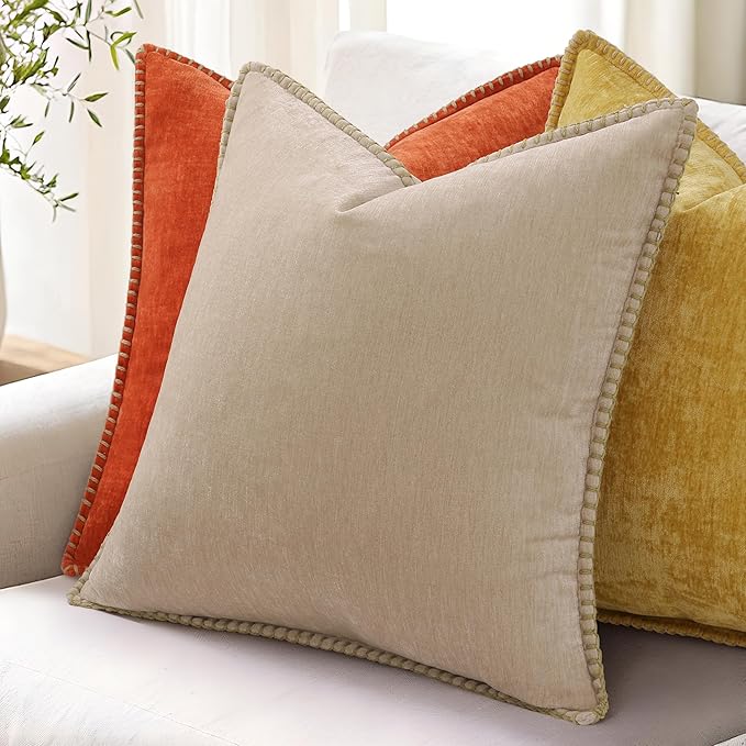 decorUhome Summer Chenille Soft Cozy Throw Pillow Covers 24x24 Set of 2, Modern Farmhouse Boho Velvet Decorative Euro Sham Pillow Cases with Stitched Edge for Couch Sofa Bed Home Decor, Mineral Yellow