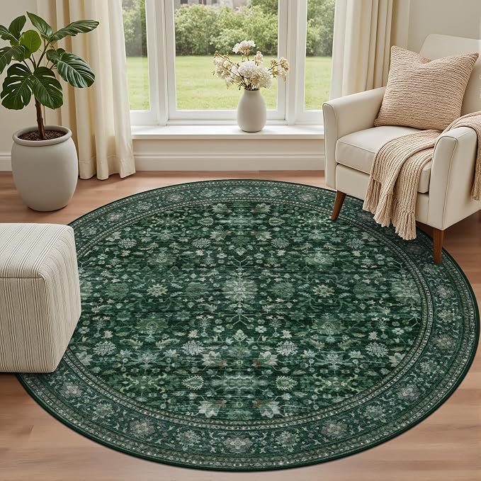Round Area Rug for Living Room: 8 ft Washable Vintage Boho Soft Thin Circle Rug Indoor Floor No Slip Stain Resistant Carpet for Bedroom Dining Room Farmhouse Nursery Home Office -Deep Green