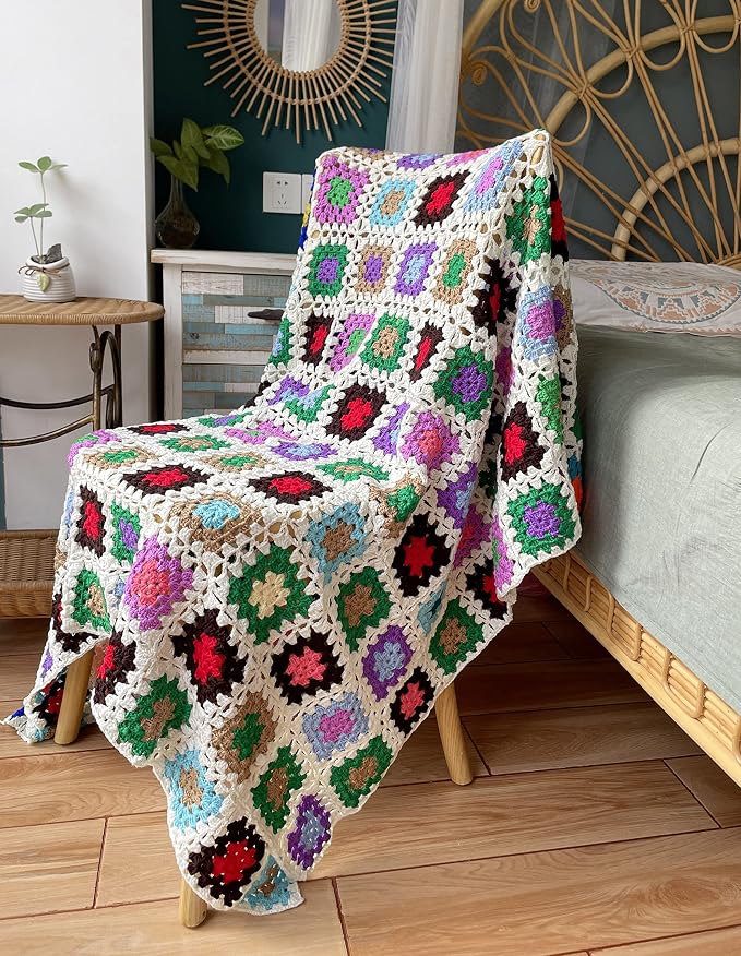 RISEON Handmade Granny Square Crochet Throw Blanket Sweater Style Mat, crochet quilt, multicolor Boho Travel Accent Decor Throw for Sofa Comforter Couch Bed Recliner Living Room Bedroom (White)