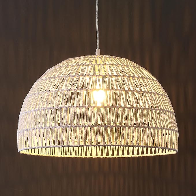 JONATHAN Y 20" White Modern Bohemian Woven Rope LED Pendant Light Fixture, Adjustable Dome Ceiling Lamp for Kitchen Island, Rope Shade, Coastal Farmhouse Decor (JYL6504E)