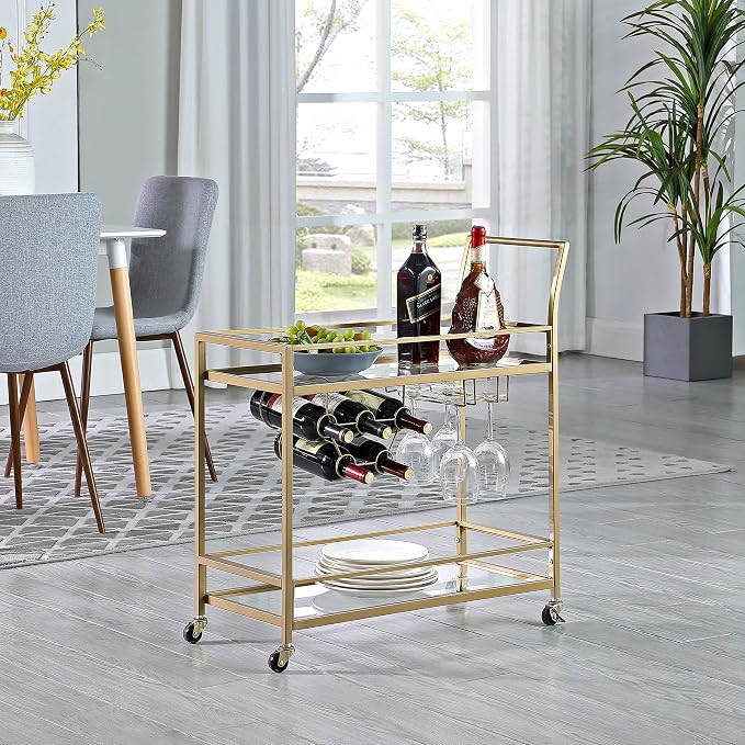 FirsTime & Co. Gold Francesca Bar Cart, 2 Tier Mobile Mini Bar, Kitchen Serving Cart and Coffee Station with Storage for Wine and Glasses, Metal and Glass, Modern