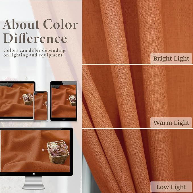 Orange Linen Curtains 72 Inch Length for Living Room 2 Panels Set Back Tab Loop Pocket Semi Sheer Copper Brown Burnt Orange Curtains for Bedroom Dining Room Gaming Playroom Sunroom Bay Window 52x72