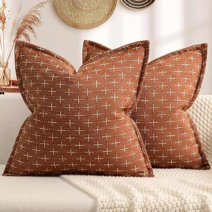 ZWJD Fall Pillow Covers 24x24 Set of 2 Soft Polyester Textured Rust Pillow Covers with Stylish Flange Edge Cozy Farmhouse Throw Pillows for Couch Bed Sofa Living Room Fall Decor