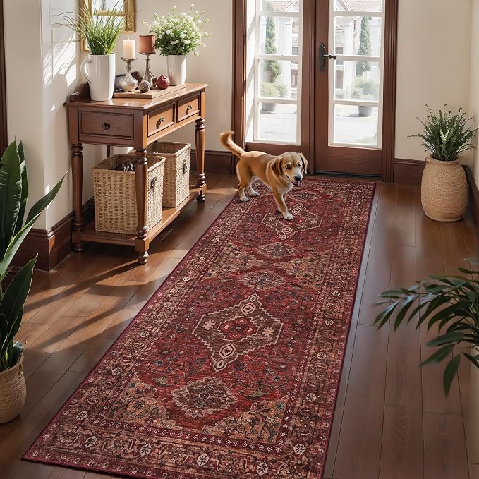 Tangsoo Boho 3x6 Entryway Runner Rug, Red Washable Non Slip Indoor Accent Runner Rugs, Vintage Print Carpet Runners, Oriental Soft Low Pile Rug for Living Room Dining Bedroom Bedside Entryway