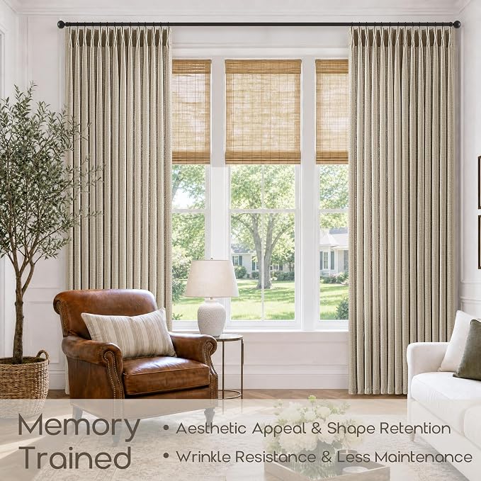 102 Inches Taupe Pleated Curtains 2 Panels Set Burlywood Birch Semi Sheer Flax Linen Back Tab Drapes for Living Room Bedroom Rustic Country Burlap Pinch Pleat Curtains with Rings Hooks 40Wx102L