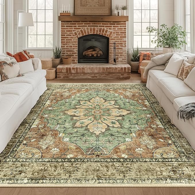 RELEANY Area Rugs Square 8ft Washable Non-Slip, Floral Vintage Distress Print Pattern Medallion Carpet for Living Room Bedroom Dining Room, Brick Red Rust Neutral Brown Burnt Orange Green