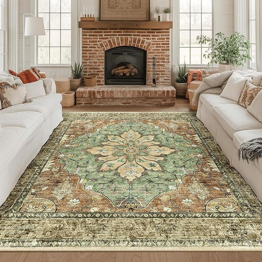 RELEANY Area Rugs Square 8ft Washable Non-Slip, Floral Vintage Distress Print Pattern Medallion Carpet for Living Room Bedroom Dining Room, Brick Red Rust Neutral Brown Burnt Orange Green