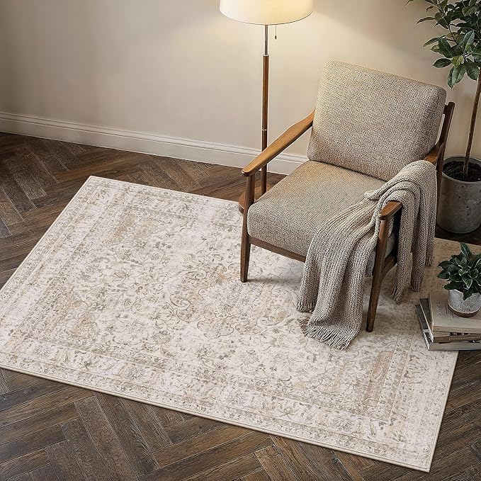 3x5 Washable Area Rug Beige Vintage Non Slip Soft Low Pile Rug for Entryway Kitchen Bathroom Distressed Oriental Throw Carpet for Living Room Bedroom Home Decor
