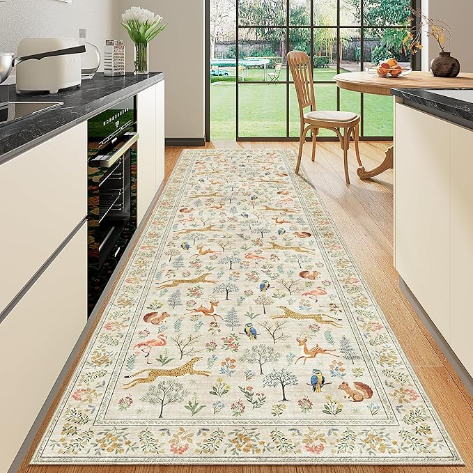 DUKINO 3x10 Washable Runner Rug for Hallway, Lightweight Loog Kitchen Rug with Low Pile Design, Vintage Animal Non Shedding Thin Indoor Carpet for Entryway, Bathroom, Bedroom, Laundry Room, Beige