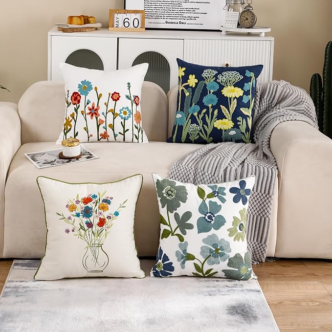 Embroidered Throw Pillow Covers 18x18 inch Pack of 2 Blue Blossoms Spring Summer Decorative Pillowcases Farmhouse Coastal Pillow Cushion Cases Home Decor for Sofa Bed Living Room