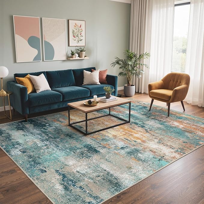 BEIMO Area Rugs 6x9 for Living Room Bedroom, Modern Abstract Machine Washable Rug, Large Soft Low Pile Floor Carpet with Non Slip Backing for Dining Room, Blue/Orange
