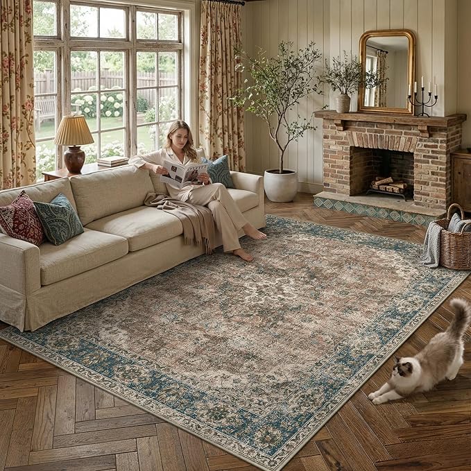 HUGEAR Area Rug 6x9 Machine Washable Living Room Rugs Blue Brown Distressed Vintage Floral Low Pile Carpet Bedroom Office Dining Room Laundry Room Non Slip Soft Lightweight
