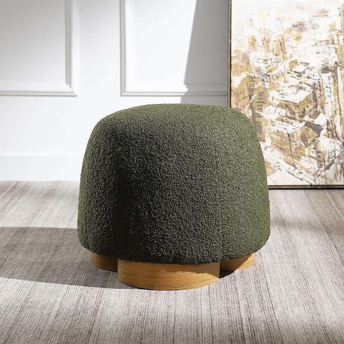 GDFStudio 20" Round Teddy Fabric Ottoman Stool, Upholstered Footrest with Foam Seat, Modern Accent Ottoman, Entryway Bedroom Vanity Stool, Fully Assembled, Metal Trim Base, Green