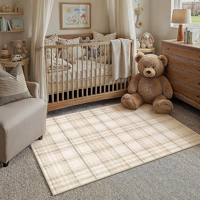 3x5 Beige Area Rug for Entryway Machine Washable Low Pile Checkered Mat Modern Accent Soft Non Slip Small Carpet for Entrance Bathroom Bedroom Indoor