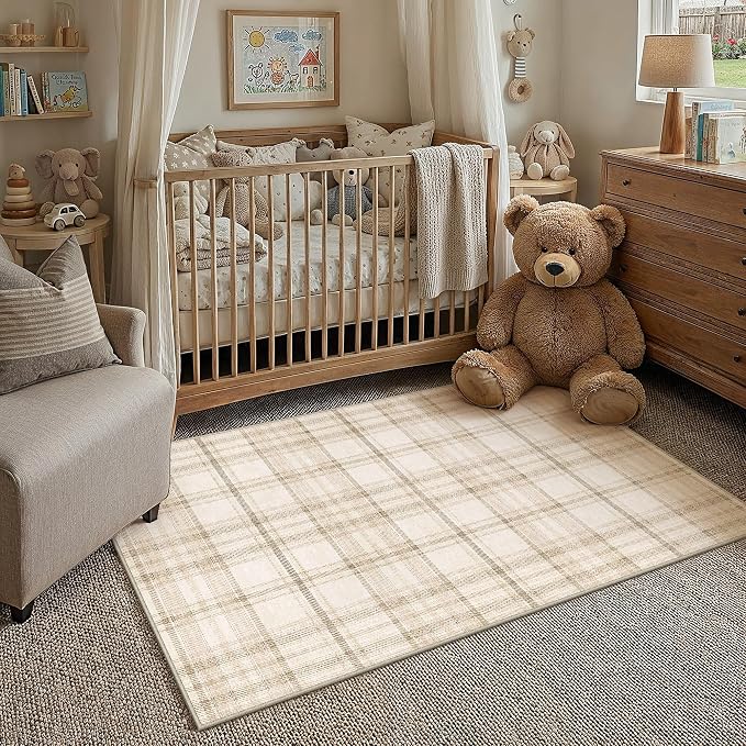 4x6 Beige Area Rug for Living Room Bedroom Machine Washable Low Pile Checkered Carpet Modern Accent Soft Non Slip Rug for Dining Room Nursery Office Indoor