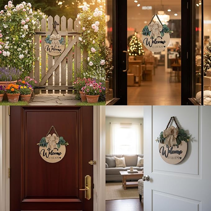 Condorpasea 3D Welcome Sign for Front Door | Home/Farmhouse Porch Décor Wooden Hanging Sign with Artificial Leaves and Rustic Beads | Christmas Classroom |12" Round