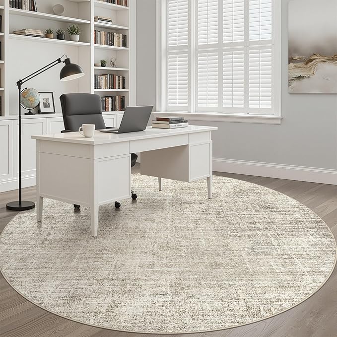 5ft Round Rug Living Room: 5x5 Washable Large Neutral Brown Circle Area Rug Abstract Soft Modern Stain Resistant Indoor Floor Non-Slip Carpet for Bedroom Nursery Kids Office Playroom Dining Room
