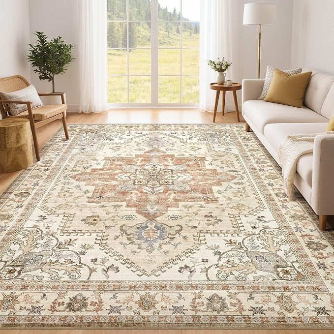 Tortania Area Rug Living Room Rugs - 5x7 Washable Boho Rug Vintage Oriental Distressed Farmhouse Large Thin Indoor Carpet for Living Room Bedroom Under Dining Table Home Office - Rust/Cream