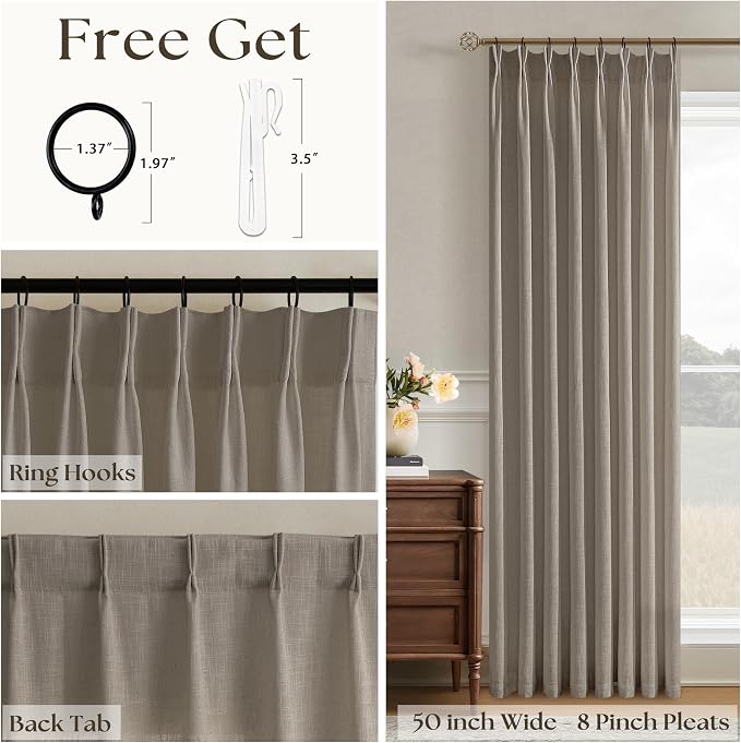 Pinch Pleated Linen 84 Inch Curtains 50 Inch Width for Living Room Divider Light Filtering Thick Taupe Linen Extra Wide Patio Curtains for Sliding Door Balcony Floor to Ceiling Window 1 Panel