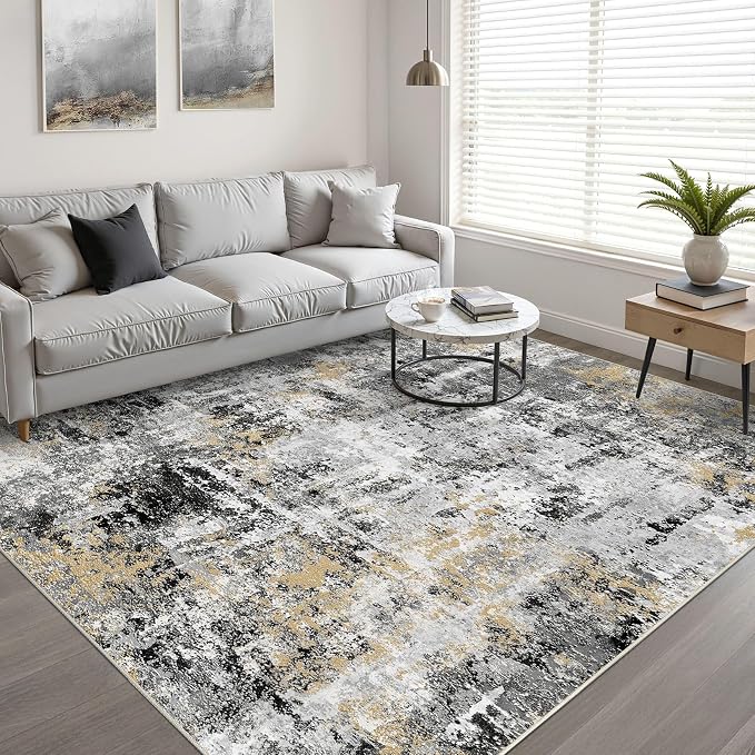 5x7 Area Rugs Living Room: Washable Large Abstract Neutral Modern Soft Rug Stain Resistant Indoor Floor Non-Slip Accent Carpet for Bedroom Nursery Playroom Dining Room Office Dorm Home- Black Gold