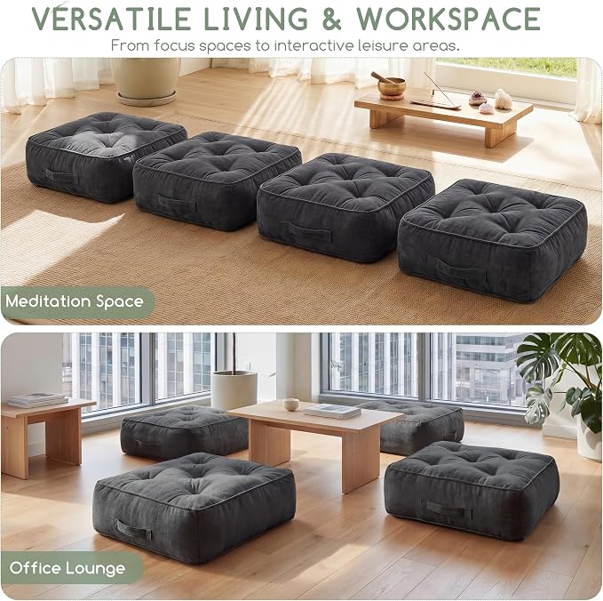8" Extra Thick Floor Pillow Cushion for Adults, Meditation Cushion Pillow with Handle, Lustrous Chenille Tufted, Square Floor Sitting for Tatami Living Room or Yoga, 22x22 Inch, 2Pack, Dark Grey