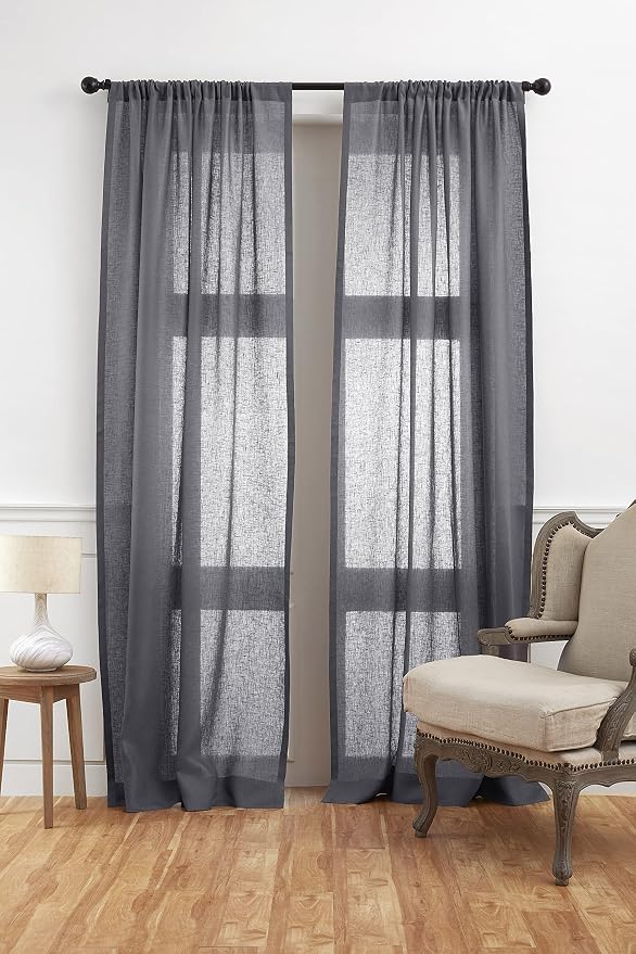 Solino Home Charcoal Linen Sheer Curtain 120 Inches Long - 100% Pure Linen European Flax Window Treatment Panel 52 x 120 Inch - Light Filtering Rod Pocket Curtain for Living Room, Bedroom - 1 Panel