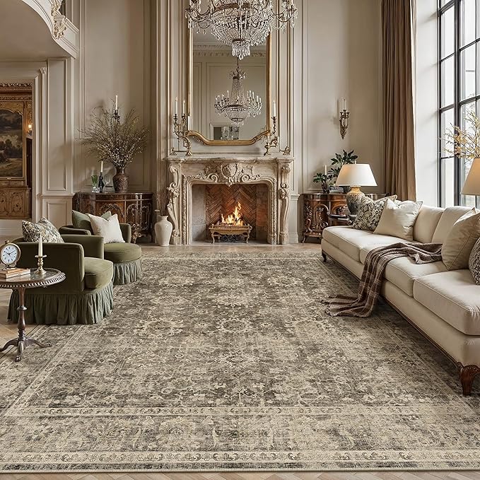 9x12 Brown Vintage Area Rug for Living Room Bedroom Large Distressed Rustic Carpet Non-Slip Low Pile Soft Washable Throw Rug for Indoor Dining Room