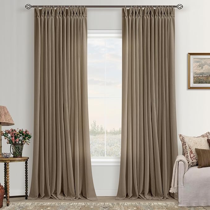 Pinch Pleated Linen Curtains 102 Inch long Memory Shape Training Pleat Drape with Hooks Rings Back Tab for Living Room Patio Glass Door Modern Neutral Brown Dutch Cocoa Semi Sheer 102 Inch Curtain