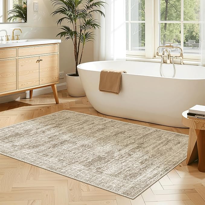 Soalmost 3x4 Rug, Small Area Rug for Kitchen, Entryway, Machine Washable Non-Slip Throw Rug, Vintage Carpet for Nursery Coffee Table Brown