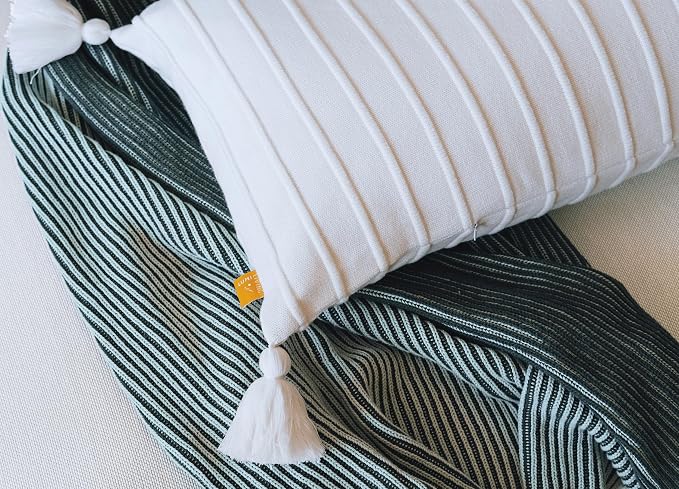 14x36 Cotton Knit Lumbar Pillow Cover – Ribbed Texture with Tassels, Decorative Accent for Bed or Sofa (Soft White)