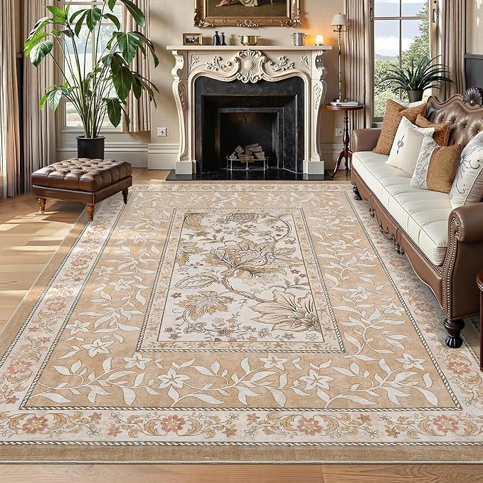 GarveeHome Provence 9x12 Area Rug for Living Room, Botanical Grove Pink Brown Scroll Cottagecore Washable Rug for Bedroom Dining Nursery Low-Pile Vintage Large Carpet