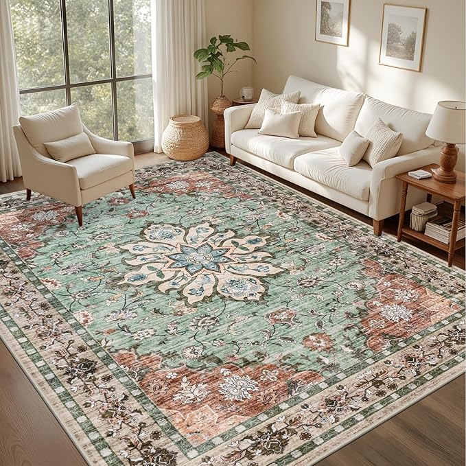 3x5 Area Rugs Living Room Rug: Washable Vintage Distressed Floral Rug No Slip Stain Resistant Soft Carpet Indoor Floor Large Carpets for Bedroom Dining Room Farmhouse Nursery Home Office Brown Green