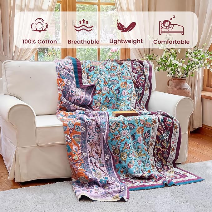 MSGKV Boho Throw Blanket for Bed 60"x80" 100% Cotton Couch Twin Size Floral Bird Blanket Summer Breathable Lightweigh Muslin Home Decorative Blankets
