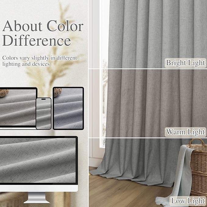 Guken 100% Blackout Linen Curtains 100 Inch Length 2 Panels Set for Living Room Bedroom Back Tab Thermal Insulated Black Out Linen Drapes Room Darkening Window Curtains,Dark Grey