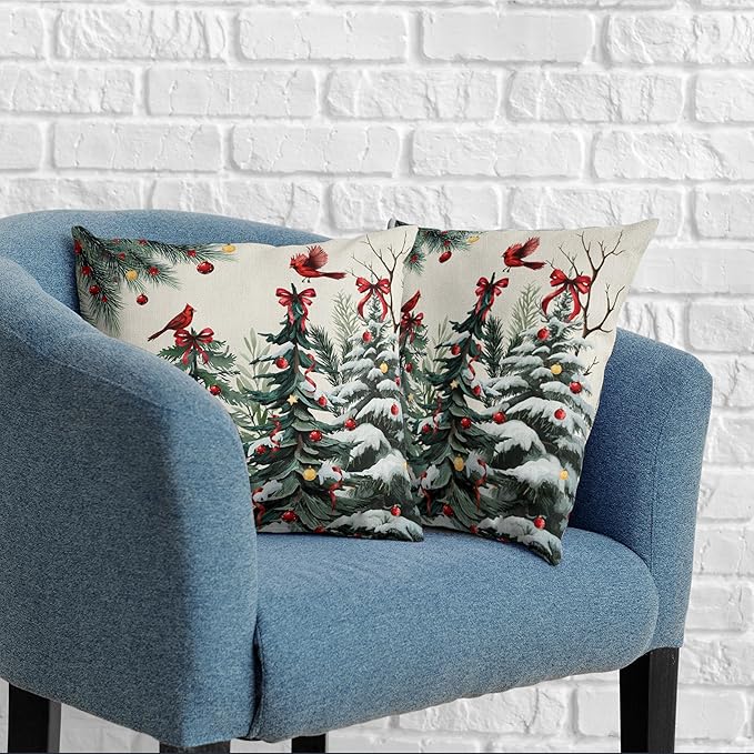 Set of 2 Christmas Tree Pillow Covers Snowy Pine Throw Pillow Covers 24x24 Green Xmas Tree Cardinal Bird Pillowcase Winter Holiday Cushion Case for Home Decor Couch Sofa